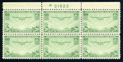 US Stamp #C21 Transpacific 20c - Plate Block of 6 - MNH - CV $85.00 - Image 1 of 2