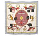 Authentic HERMES Carre 90 Scarf "LES VOITURES A TRANSFORMATION" Silk Gray 0872J