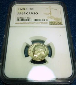 1968-S NGC PF69 CAMEO 10C ROOSEVELT DIME #002 - Picture 1 of 4