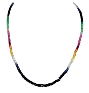 Natural Multi Gemstones Ruby, Sapphire, Emerald Faceted Rondell Bead Necklace - Picture 1 of 4