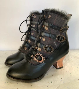 Hades Nephele Black Plaid Victorian Steampunk Faux Leather Boot 4 Buckle Lace up - Picture 1 of 19