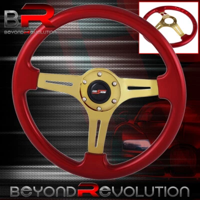 Volante Godsnow Madera Roja Oro Raya Central 6 Pernos Agujero 350mm Plato Profundo Foto 1 de 4