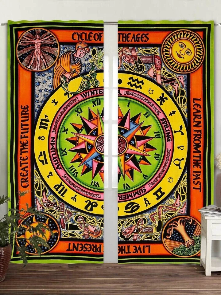 Cycle Of The Ages Cotton Hippie Mandala Tapestry Decor Window Door Curtain Boho - Image 1 of 4