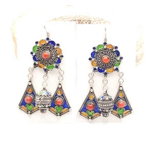 Moroccan Berber Sterling Silver enamels Coral Dangle Earrings ,Berber Jewelry - Picture 1 of 11