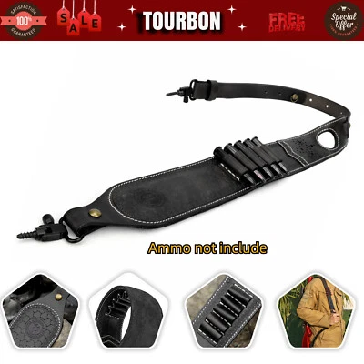 TOURBON Leather Rifle Sling Padded Bullets 30-06 Ammo Carry Strap+Swivels Screws - Image 1 of 4