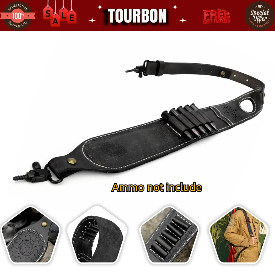 TOURBON Leather Rifle Sling Padded Bullets 30-06 Ammo Carry Strap+Swivels Screws - Image 1 of 4