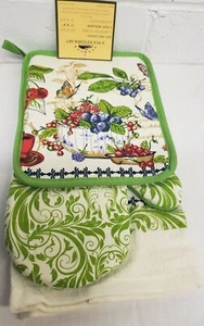 3pc SET: 1 POT HOLDER,1 TOWEL & 1 OVEN MITT,FRUITS,BERRIES & BUTTERFLIES,Sunrise - Picture 1 of 12
