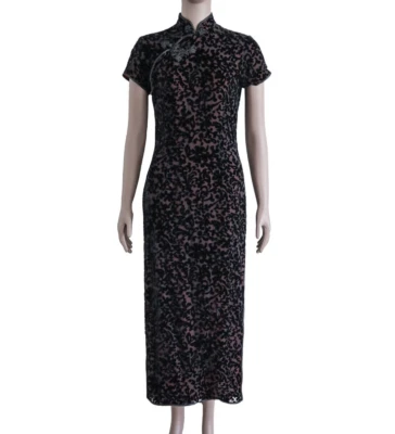 Vestido maxi vintage de seda preto borgonha veludo floral Cheongsam Qipao gola simulada - Imagem 1 de 4