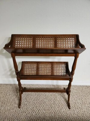 Mid Century Modern Wood and Wicker 2 Shelf Book Rack Stand Hard to Find - Image 1 of 4