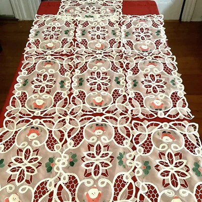 Christmas Place Settings White 10 w/Lace Santa Holly Embroidery  Red Appliqué - Image 1 of 4