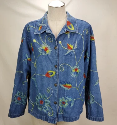 Chaqueta vaquera vintage bordada floral para mujer talla grande azul con botones Foto 1 de 4