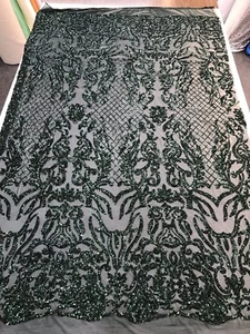 HUNTER GREEN SEQUINS DAMASK DESIGN EMBROIDERY ON A 4 WAY STRETCH MESH-BY YARD - Picture 1 of 9