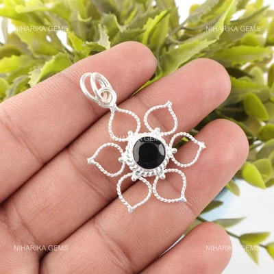 Redondo Facetado Ónice Negro Gema Artesano Compromiso Nuevo Colgante Plata - Imagen 1 de 4