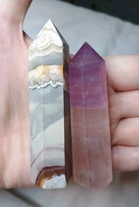 2 Points Polished Healing Minerals - Purple Fluorite & Grey Banded Mexican Agate - Picture 1 of 5