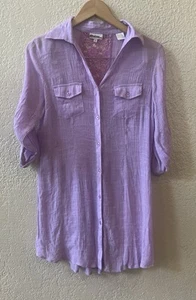 Azucar Button Down Shirt Sz M Lavender Braided Back Gauzy  Roll Tab Sleeves - Picture 1 of 8
