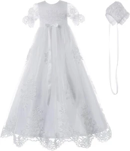 Charming Cotton Lace Baptism Gown with Satin Bonnet for Baby Girls 0-15 Months - Picture 1 of 8