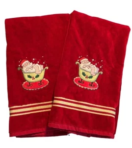 Lot 2 serviettes de bain main Ritz 100% coton doux brodé Père Noël dans baignoire - Photo 1/10