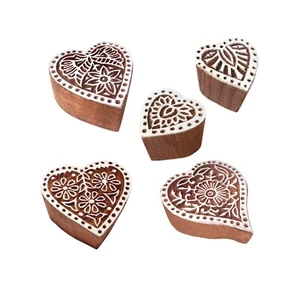 Jaipuri Muster Herz und Blumen Holz Stempel für Drucken (Set von 5) - Bild 1 von 8