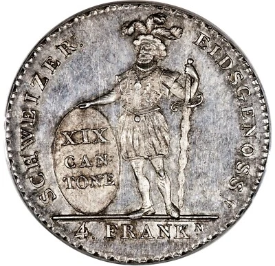 Switzerland - 1812 Appenzell 4 Francs - PCGS MS63 - EX RARE - ONLY 2 FINER! - Image 1 of 4