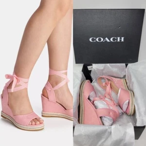 Coach Page Pink Signature Jacquard Lace Up Wedge Slingback Sandals C8931 Size 7 - Picture 1 of 14