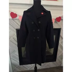 Chipie Marineblauer zweireihiger Mantel im Militärstil mit roten Streifendetail Vintage - Bild 1 von 6