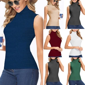 Sexy Ribbed Sleeveless Mock Neck Turtleneck Shape Tank Top Stretch Shirt Summer - Picture 1 of 20