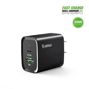 Esoulk Black 20W Fast Charger Dual USB C Wall Charger iPhone13/12/X/Galaxy/Note - Picture 1 of 7