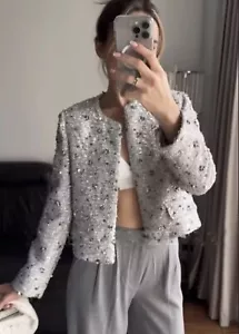 ZARA NEW SHORT ZW COLLECTION SEQUIN JACKET SILVER Size M 2885/152 - Picture 1 of 6