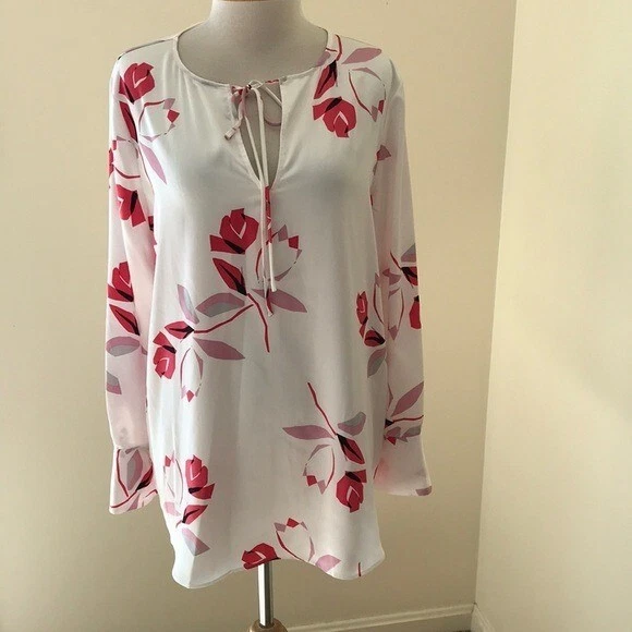 Alfani Size L white printed garden collage long sleeve blouse