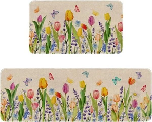 Tulip Floral Kitchen Rugs Set of 2,Spring Summer Seasonal Kitchen Mats for Floor - Picture 1 of 7