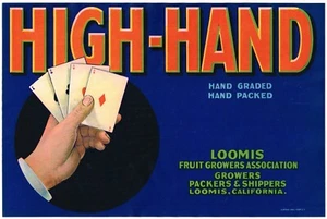 TARJETAS ORIGINALES 1940 PEAR CRATE LABEL HIGH HAND POKER LOOMIS VERSIÓN ANTIGUA DE COLECCIÓN - Imagen 1 de 1
