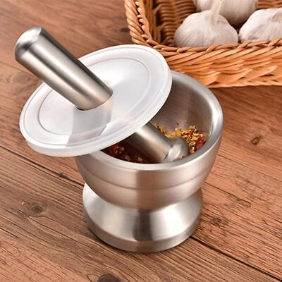 Mortar And Pestle Set Stainless Steel Spice Herb Grinder Molcajete With Lid - Image 1 of 4