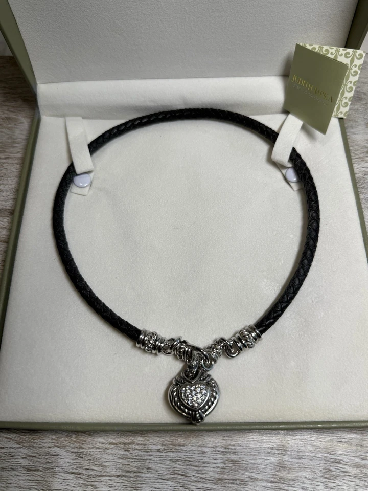 Collar de cuero negro Judith Ripka JR 925 reversible de plata de ley circonita cúbica corazón Foto 1 de 4