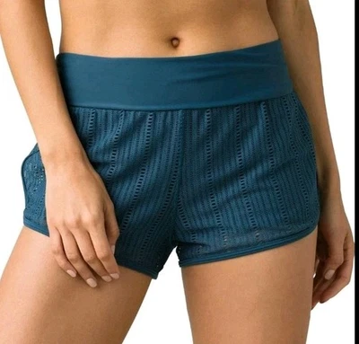 Roupa de banho feminina PrAna tamanho XS dois shorts de praia forrado azul-petróleo - Imagem 1 de 4