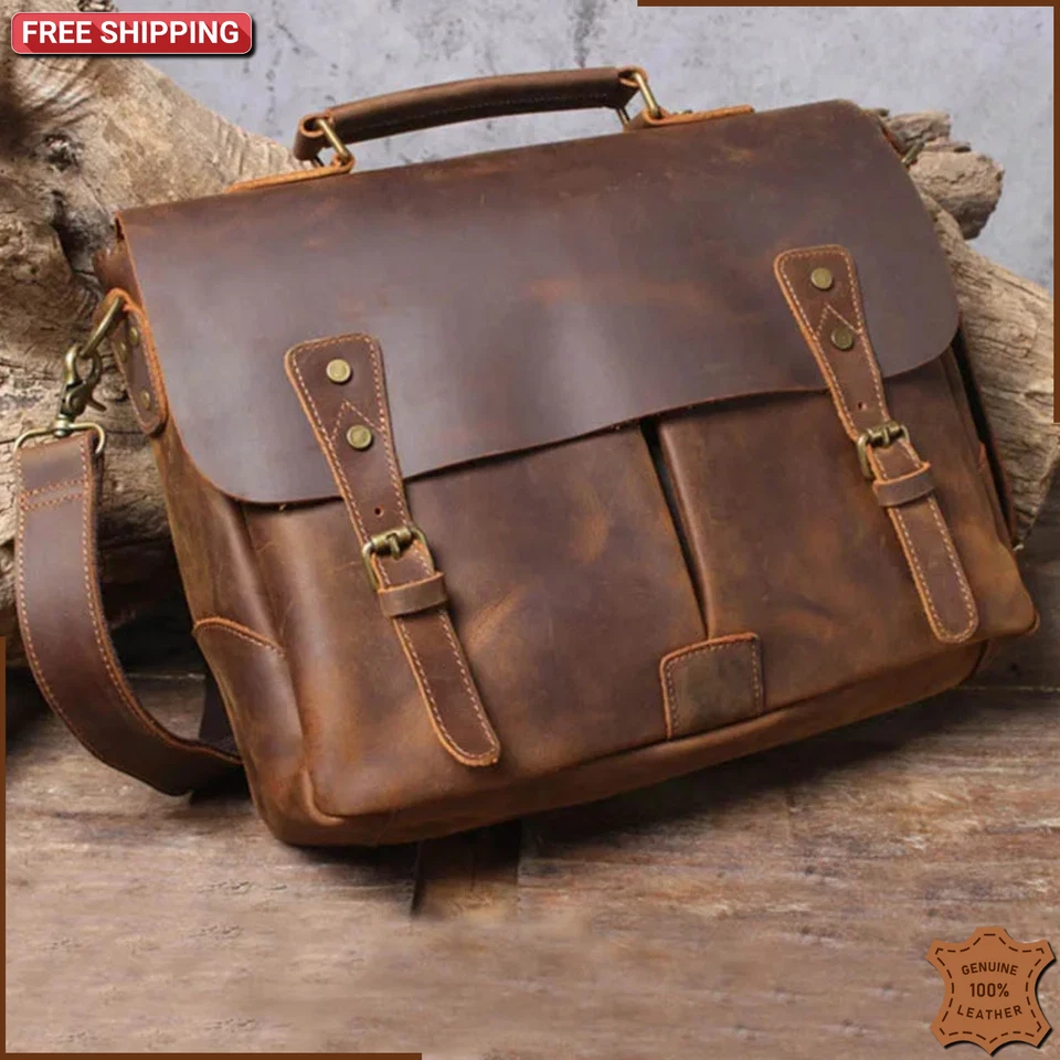 Hombres CUERO GENUINO Bolso para Laptop Maletín A4 Negocios Hombro Oficina Trabajo Estuche Foto 1 de 4