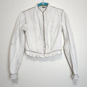Vintage F/W 2002 Alexander McQueen Fitted Denim Jacket Ivory Gold Trim Cutout - Picture 1 of 20