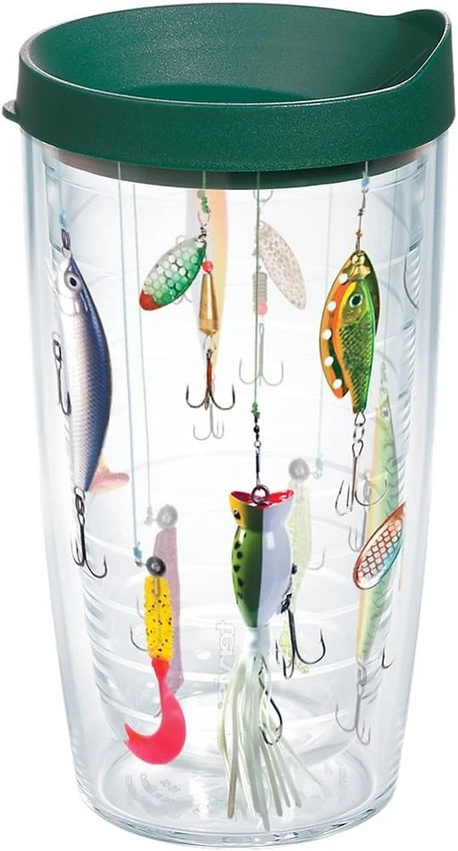 Tervis 1139085 Fishing Lures Tumbler With Wrap and Hunter Green Lid 16oz Clear