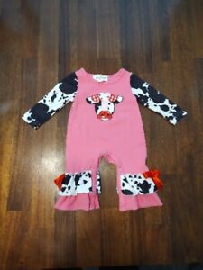 NEW Boutique Baby Girls Heart Cow Farm Ruffle Romper Jumpsuit Valentine's Day