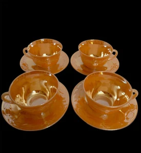Anchor Hocking Fire King Peach Luster Laurel Leaf Cup And Saucer Set Of 4 EUC - Picture 1 of 16