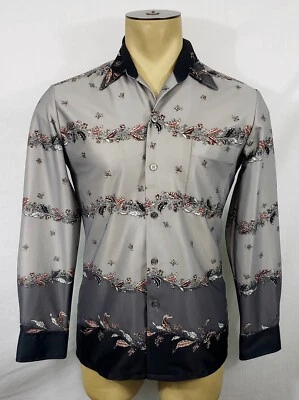 Vtg 70s Mens Lancer gray floral paisley button-up disco shirt Slim Medium Small - Image 1 of 4
