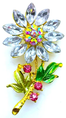 CLEAR White w PINK and AURORA BOREALIS Crystal RHINESTONE FLOWER Pin Brooch (BI) - Image 1 of 2