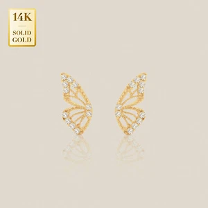 14K REAL Solid Gold Butterfly Wing Cubic Zirconia Stud Piercing Internal 18G - Picture 1 of 6