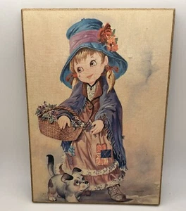 Vintage Big Eyed Girl & Puppy Dog Mossimo Cork Wall Art ITALY 11” X 8” - Picture 1 of 3