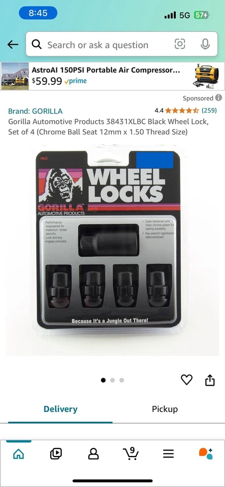 Cerraduras de rueda Gorilla, radio/asiento de bola Honda Acura, negro, 12 mm x 1,50 38431XLBCB Foto 1 de 1