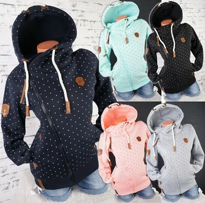 Damen Sweat Jacke Kapuze Hoodie Fleece gefüttert Übergangsjacke Pünktchen Schräg - Bild 1 von 4