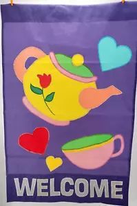 Vintage 90er Original WELCOME Teetasse Teekanne lila Banner Outdoor Flagge 43”Lx 28”W - Bild 1 von 10