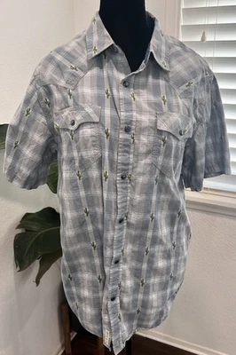 Moon C Shine Spirt Pearl Snap Shirt Men Sz L Western Plaid Cowboy Cacti Shirt - Image 1 of 4