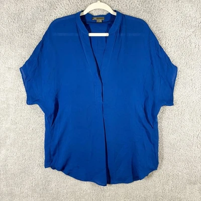 Vince 100% 真丝 Dolman 短袖 V 领衬衫 M 码充满活力蓝色波普尔 — 第 1/4 张图片