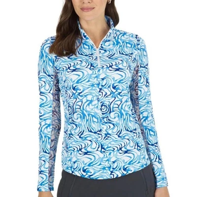 Ibkul Kinsley Print 1/4 Zip Long Sleeve Mock Neck Top in Blue/White Swirl XXL - Image 1 of 4