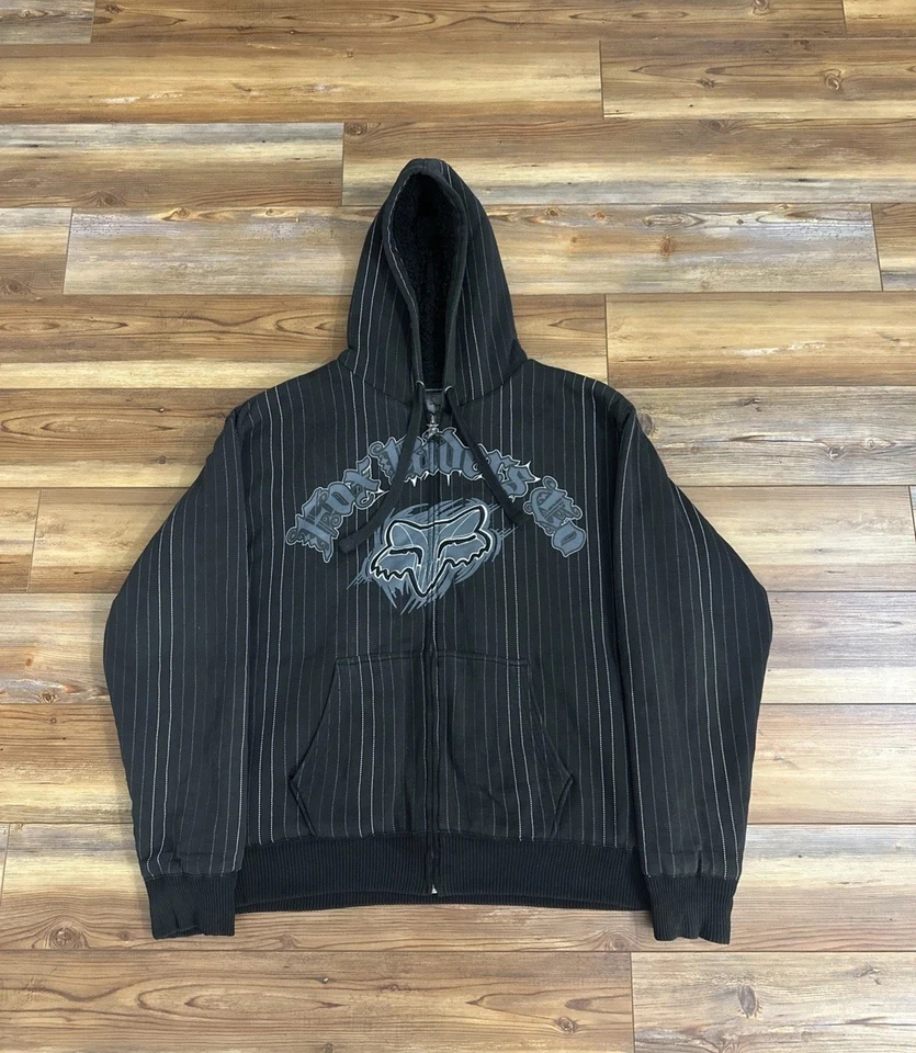 Fox Sasquatch толстовка с капюшоном в тонкую полоску мужской XL черный молнии флис с подкладкой Y2K гранж панк - Изображение 1 из 4